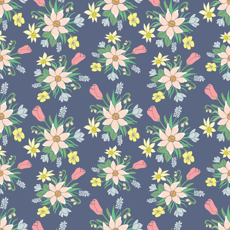 Seamless colorful vector pattern with spring flowers.Floral patten. Vector flowers pattern. Colorful floral background. Floral elements. Textile floral pattern. Spring background. Vector floral print.のイラスト素材