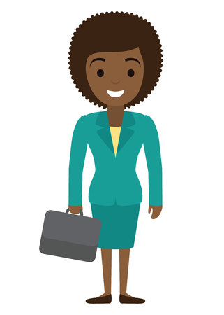 Vector illustration of afro american businesswoman character with case in flat style. African american female office worker.のイラスト素材