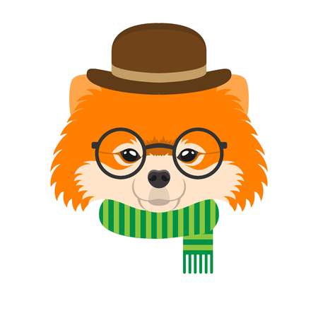 Portrait of pomeranian dog with glasses and hat in flat style. Vector illustration of Hipster dog for cards, t-shirt print, placard.のイラスト素材
