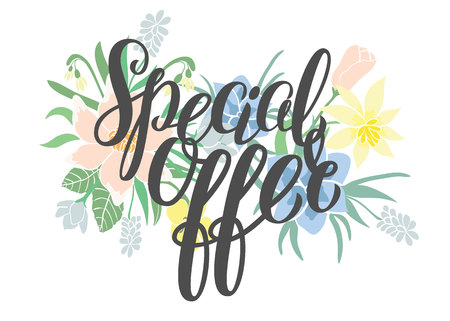 Special offer - hand lettering text. Sale poster on the floral background. Sale card vector Illustration.のイラスト素材