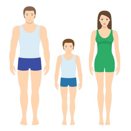 Vector illustration of man, woman and child. Body proportions of human front view.のイラスト素材