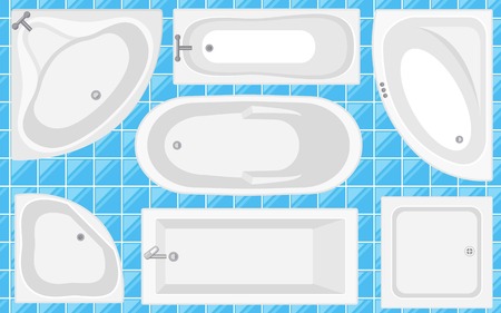 Bathtub top view collection.Vector illustration in flat style. Set of different  tubs types.