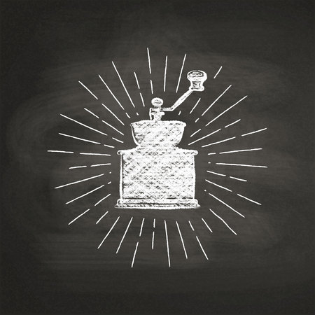 Chalk textured coffee mill silhouette with vintage sun rays on black board. Vector coffee grinder  illustration for drink and beverage menu or cafe theme, poster, t-shirt print, logo.のイラスト素材