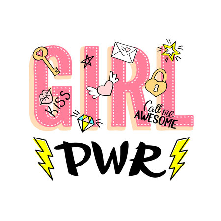 Girl Power lettering with girly doodles and hand drawn phrases for valentines day card designのイラスト素材