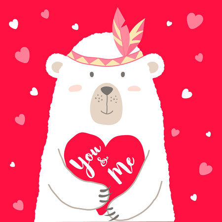 Vector illustration of cute cartoon bear holding heart and hand written lettering You and Me for valentines card,  placards, t-shirt prints, greeting cards. Valentines day greeting.のイラスト素材
