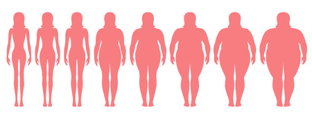 Vector illustration  of woman silhouettes with different  weight from anorexia to extremely obese. Body mass index, weight loss concept.のイラスト素材