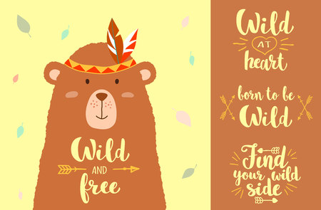 Vector illustration of cute cartoon bear with tribal design elements and hand written phrases for placards, t-shirt prints, greeting cards.のイラスト素材