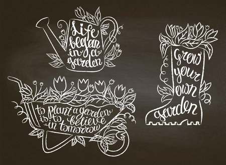Collection of chalk contour gardening placards with inspirational quotes on blackboard. Gardening typography posters set.のイラスト素材
