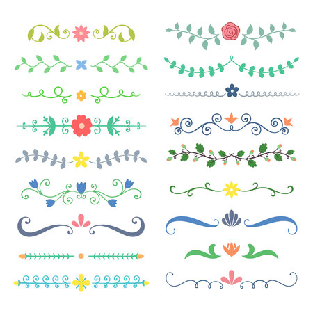 Collection of hand drawn colored flourish text dividers. Doodle botanical borders for typography design, invitations, greeting cards. Calligraphic and floral design elements.のイラスト素材