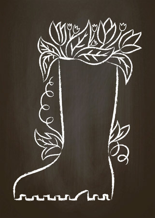 Chalk contour of rubber boot with leaves and flowers on chalk board. Typography gardening poster.のイラスト素材