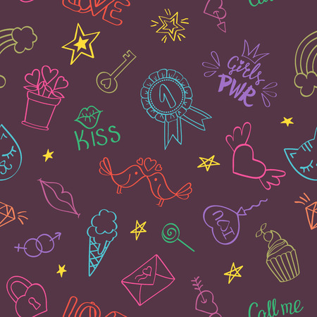 Seamless pattern with hand drawn girly doodles. Repeating background with childish sketch design elements for textile, wallpaper, scrapbooking.のイラスト素材