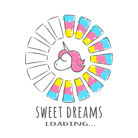 Progress bar with inscription - Sweet Dreams loading and unicorn in sketchy style. Vector illustration for t-shirt design, poster or card.のイラスト素材