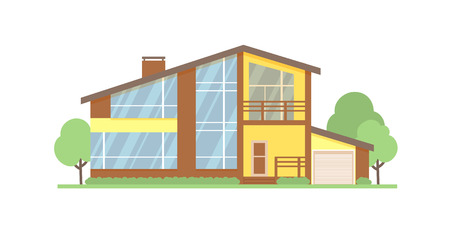 Cottage house facade flat vector illustration. Two-storey modern house, villa, cottage, townhouse, real estate architectural exterior.のイラスト素材