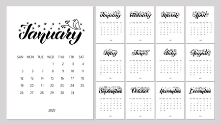 Vector Calendar Planner for 2020 Year with handdrawn lettering and doodles. Set of 12 Months. Week Starts Sunday. Stationery Design. Objects isolated on white background.のイラスト素材