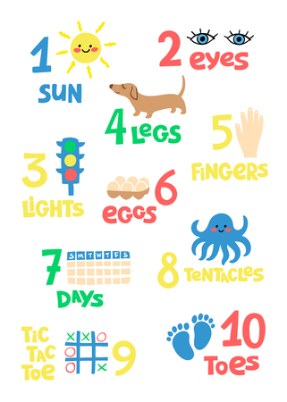 Numbers and counting practice printable poster, worksheet for pre school, kindergarten kids. Colorful   numbers flashcard for kids learning to count.のイラスト素材