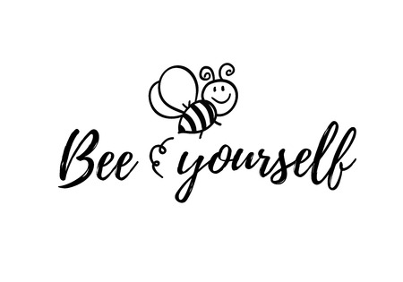 Bee yourself phrase with doodle bee on white background. Lettering poster, card design or t-shirt, textile print. Inspiring creative motivation quote placard.のイラスト素材