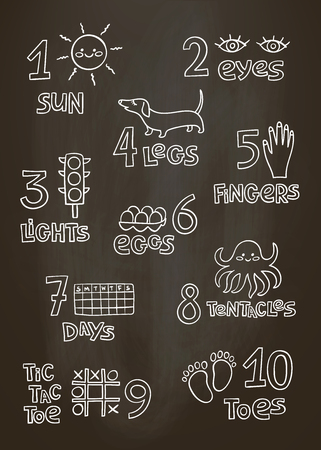 Numbers and counting practice printable poster, worksheet for pre school, kindergarten kids. Numbers  flashcard on chalk board background for kids learning to count.のイラスト素材