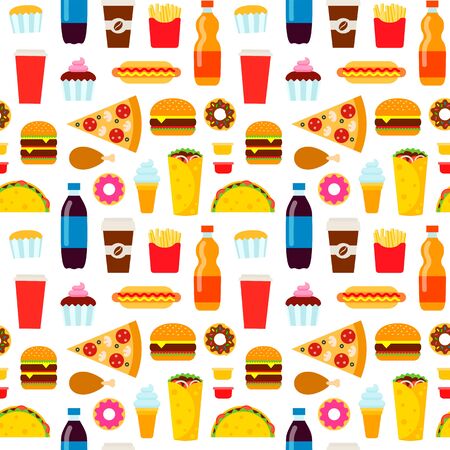 Colorful fast food seamless pattern. Junk food vector repeating background for textile design, wrapping paper, wallpaper.のイラスト素材