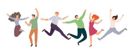 Group of happy jumping people in flat style isolated on white background. Hand-drawn collection of cartoon women and men. Funny characters for partnership, teamwork or celebration conceptsのイラスト素材