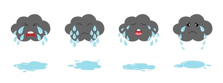 Set of dark crying clouds emoji and puddles. Fluffy rainy clouds. Cute cartoon weeping kawaii clouds collection.のイラスト素材