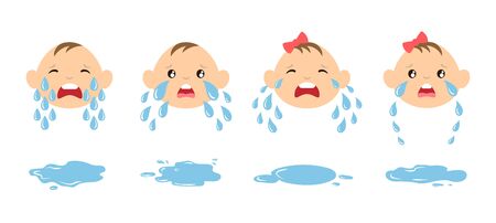 Set of cartoon crying baby faces with tear drops and puddles. Weeping kids illustration. Upset emoticonsのイラスト素材