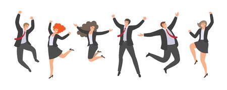 Group of happy jumping office workers in flat style isolated on white background. Cheerful Working Day. Business people are jumping, celebrating the achievement of victory.のイラスト素材