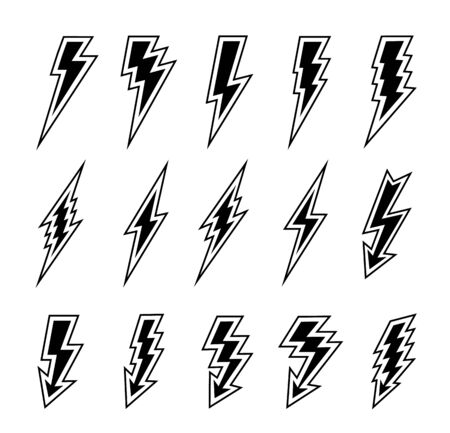 Lightning bolts vector logo set. Concept of energy and electricity. Flash collection. Power and electric symbols, high speed, swiftness and rapid emblem.のイラスト素材