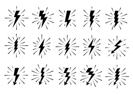 Lightning bolts vector logo set. Concept of energy and electricity. Flash with rays. Power and electric symbols, high speed, swiftness and rapid emblem.のイラスト素材