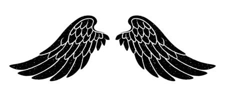 Hand drawn bird or angel grunge textured flapping wings. Black hand drawn wings silhouette for t-shirt prints, tatoo design, vintage styled poster.のイラスト素材
