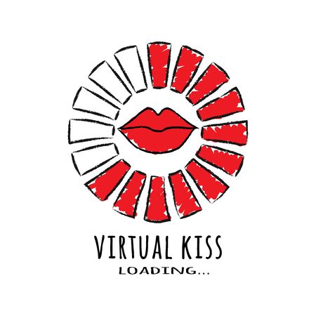 Round progress bar with inscription - Virtual kiss loading and red lipst in sketchy style. Vector illustration for tshirt design, poster or card.のイラスト素材