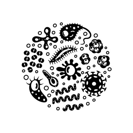 Bacteria and viruses in circle, micro-organisms disease-causing objects. Different types, bacteria, viruses, coronavirus, infusorium, streptococcus, fungi, protozoa. Vector illustration.のイラスト素材