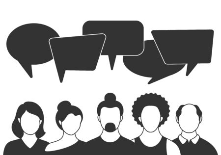People avatars with speech bubbles. Men and woman communication, talking llustration. Coworkers, team, thinking, question, idea, brainstorm concept.のイラスト素材