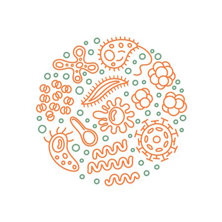 Bacteria and viruses in circle, micro-organisms disease-causing objects. Different types, bacteria, viruses, coronavirus, infusorium, streptococcus, fungi, protozoa. Vector illustration.のイラスト素材