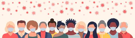 Group of people in protective masks and flying coronavirus in flat style. Men and women wearing medical masks to prevent disease, flu, quarantine concept.のイラスト素材