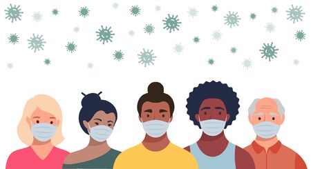 People in protective masks and flying coronavirus in flat style. Men and women wearing medical masks to prevent disease, flu, quarantine concept.のイラスト素材