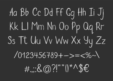 Chalk alphabet in sketchy style. Vector handwritten pencil letters, numbers and punctuation marks. Brush pen handwriting font.のイラスト素材