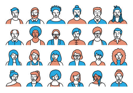 Contour set of persons, avatars, people heads of different ethnicity and age in flat style. Multi...