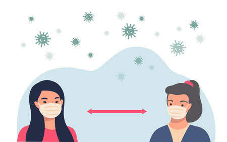 Social distancing concept. People wearing protective masks and keeping distance in public society to prevent COVID-19 coronavirus spreading.のイラスト素材