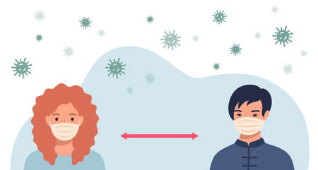Social distancing concept. People wearing protective masks and keeping distance in public society to prevent COVID-19 coronavirus spreading.のイラスト素材