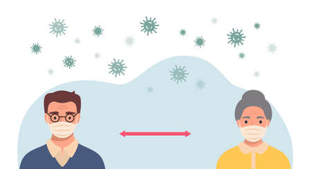 Social distancing concept. People wearing protective masks and keeping distance in public society to prevent COVID-19 coronavirus spreading.のイラスト素材
