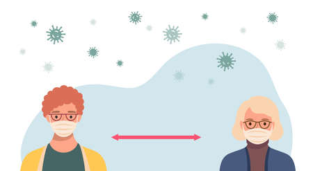 Social distancing concept. People wearing protective masks and keeping distance in public society to prevent COVID-19 coronavirus spreading.のイラスト素材