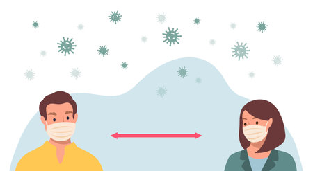 Social distancing concept. People wearing protective masks and keeping distance in public society to prevent COVID-19 coronavirus spreading.のイラスト素材