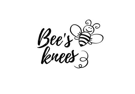 Bees knees phrase with doodle bee on white background. Lettering poster, card design or t-shirt, textile print. Inspiring motivation quote placard.のイラスト素材