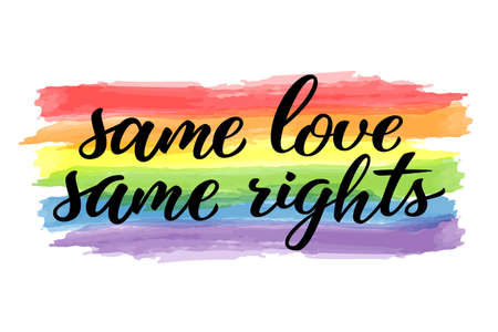 Same love same rights hand drawn lettering quote. Homosexuality slogan on watercolor rainbow. LGBT rights concept. Modern ink illustration for poster, placard, invitation card, t-shirt print design.のイラスト素材