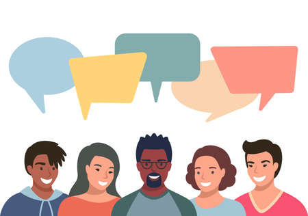 People avatars with speech bubbles. Men and woman communication, talking llustration. Coworkers, team, thinking, question, idea, brainstorm concept.のイラスト素材