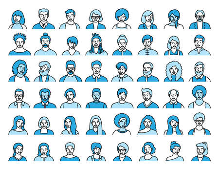 Contour set of persons, avatars, people heads of different ethnicity and age in flat style. Multi nationality social networks line people faces collection.のイラスト素材