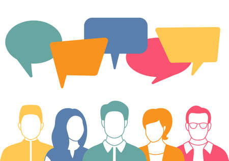 People avatars with speech bubbles. Men and woman communication, talking llustration. Coworkers, team, thinking, question, idea, brainstorm concept.のイラスト素材