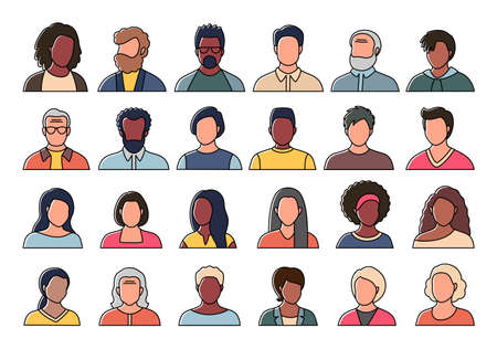 Set of persons, avatars, people heads of different ethnicity and age in flat style. Multi nationality social networks people faces collection.のイラスト素材