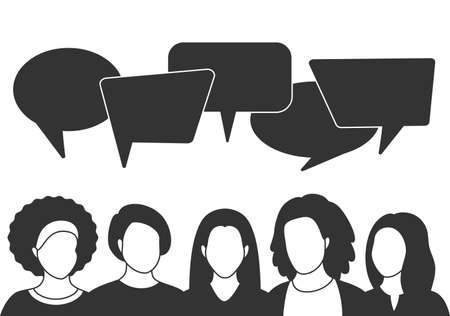 People avatars with speech bubbles. Men and woman communication, talking llustration. Coworkers, team, thinking, question, idea, brainstorm concept.のイラスト素材