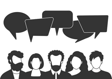 People avatars with speech bubbles. Men and woman communication, talking llustration. Coworkers, team, thinking, question, idea, brainstorm concept.のイラスト素材